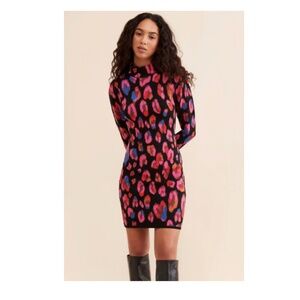 Farm Rio "Iridescent Leopards" mock neck sweater mini dress